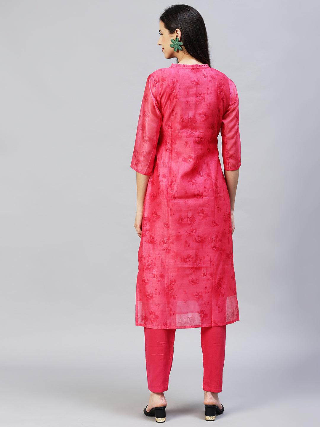 Abstract Printed & Hand Embroidered Straight Kurta with Pants - Pink - Indiakreations