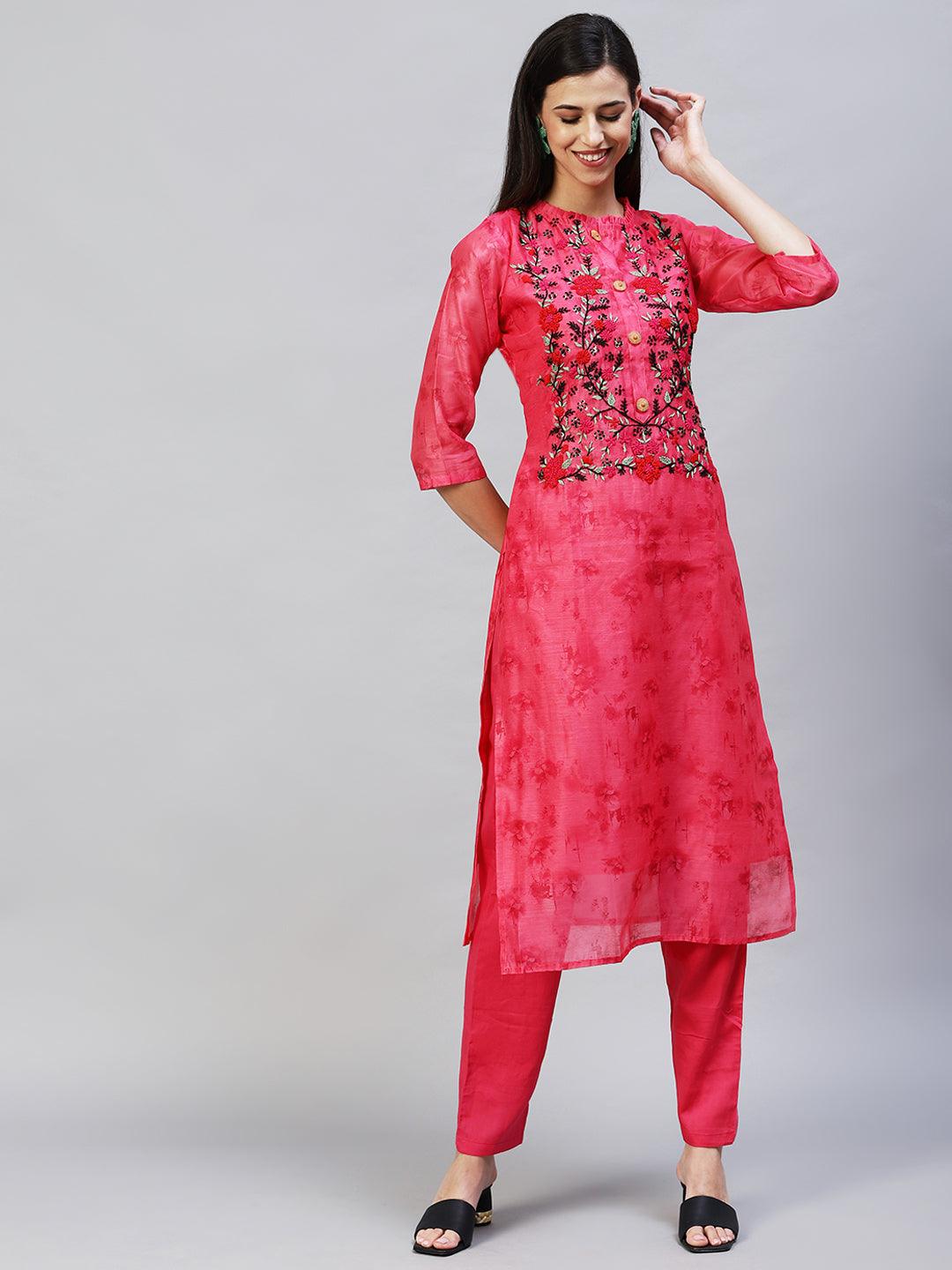 Abstract Printed & Hand Embroidered Straight Kurta with Pants - Pink - Indiakreations