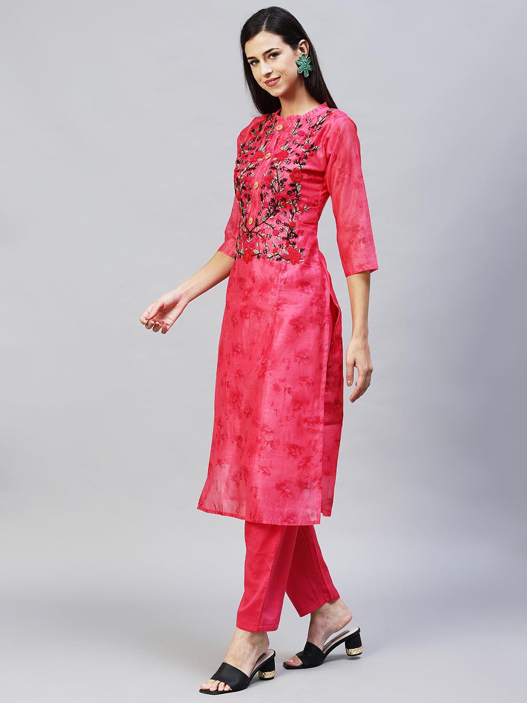 Abstract Printed & Hand Embroidered Straight Kurta with Pants - Pink - Indiakreations