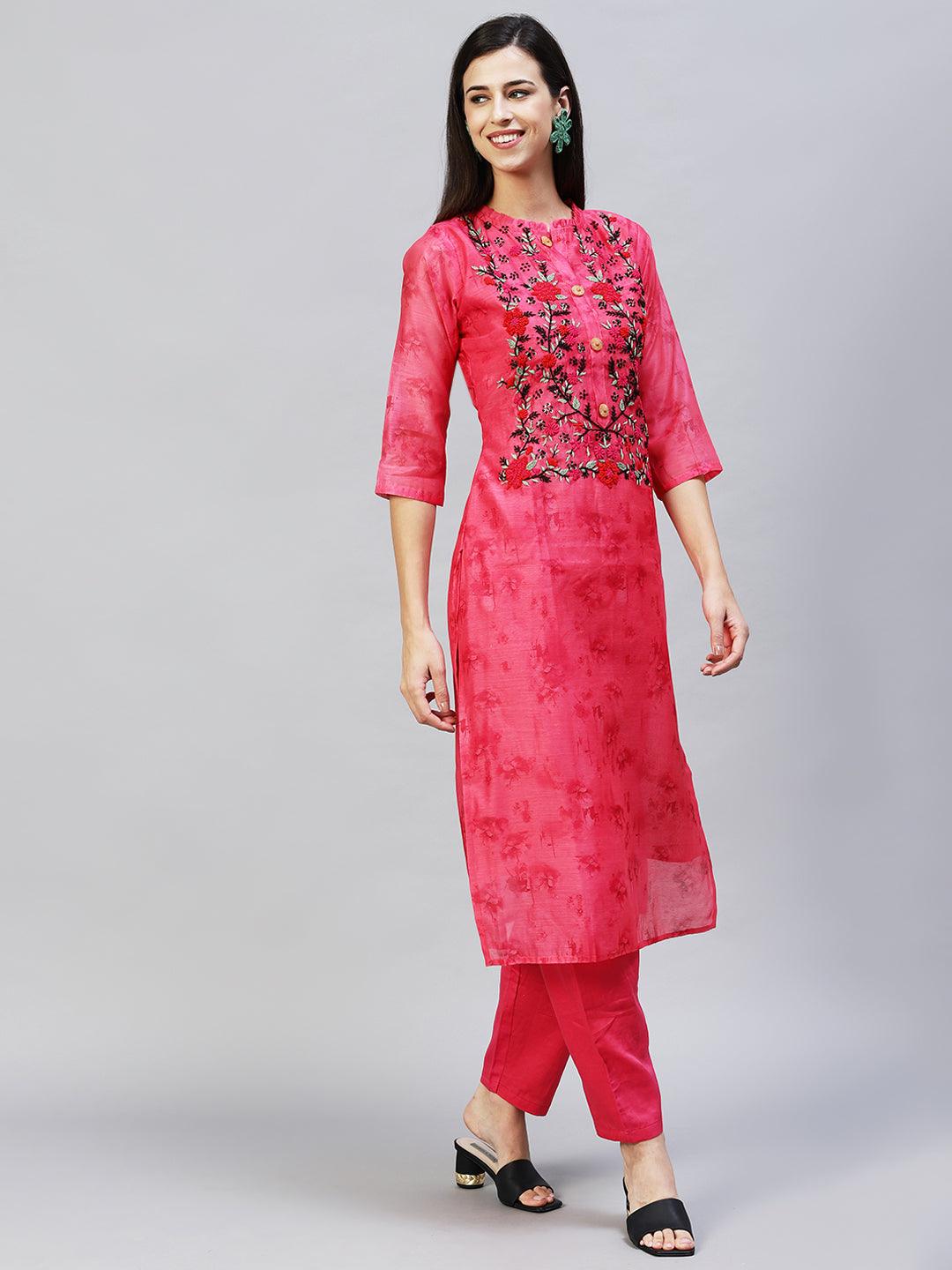 Abstract Printed & Hand Embroidered Straight Kurta with Pants - Pink - Indiakreations