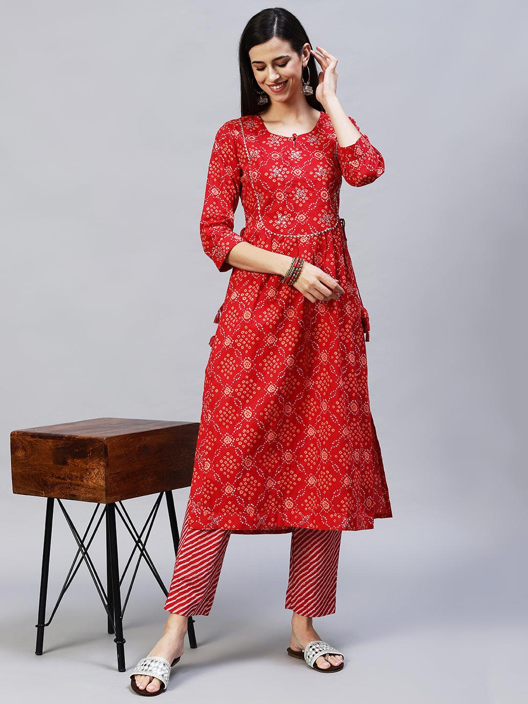 Bandhani Printed & Embroidered A-Line Kurta with Pants – Red - Indiakreations