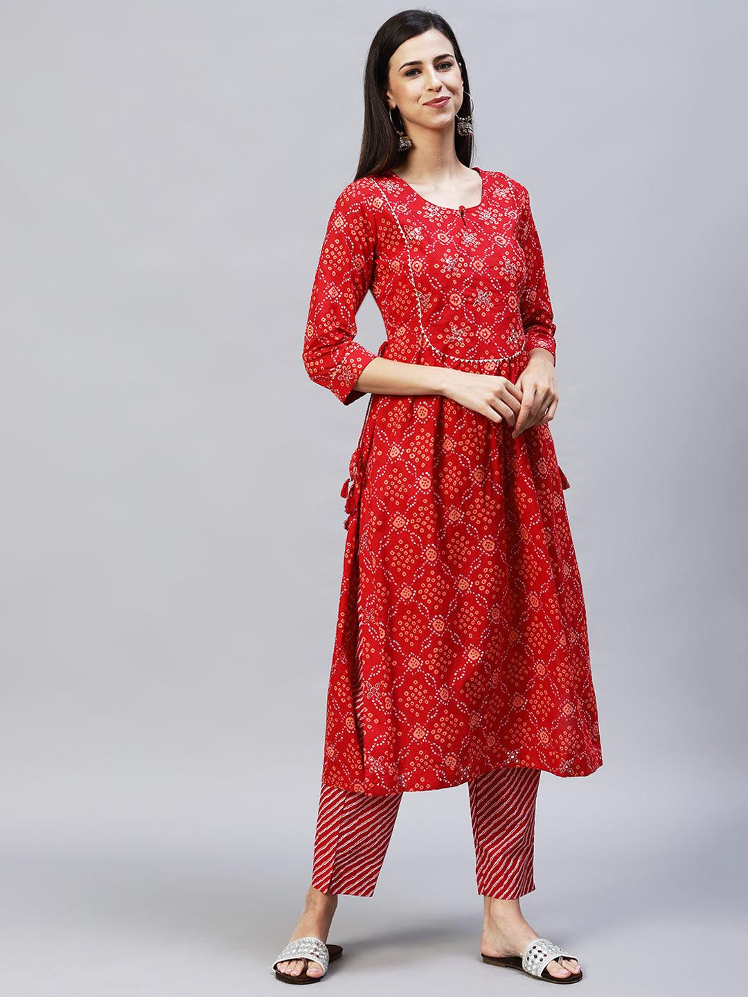 Bandhani Printed & Embroidered A-Line Kurta with Pants – Red - Indiakreations