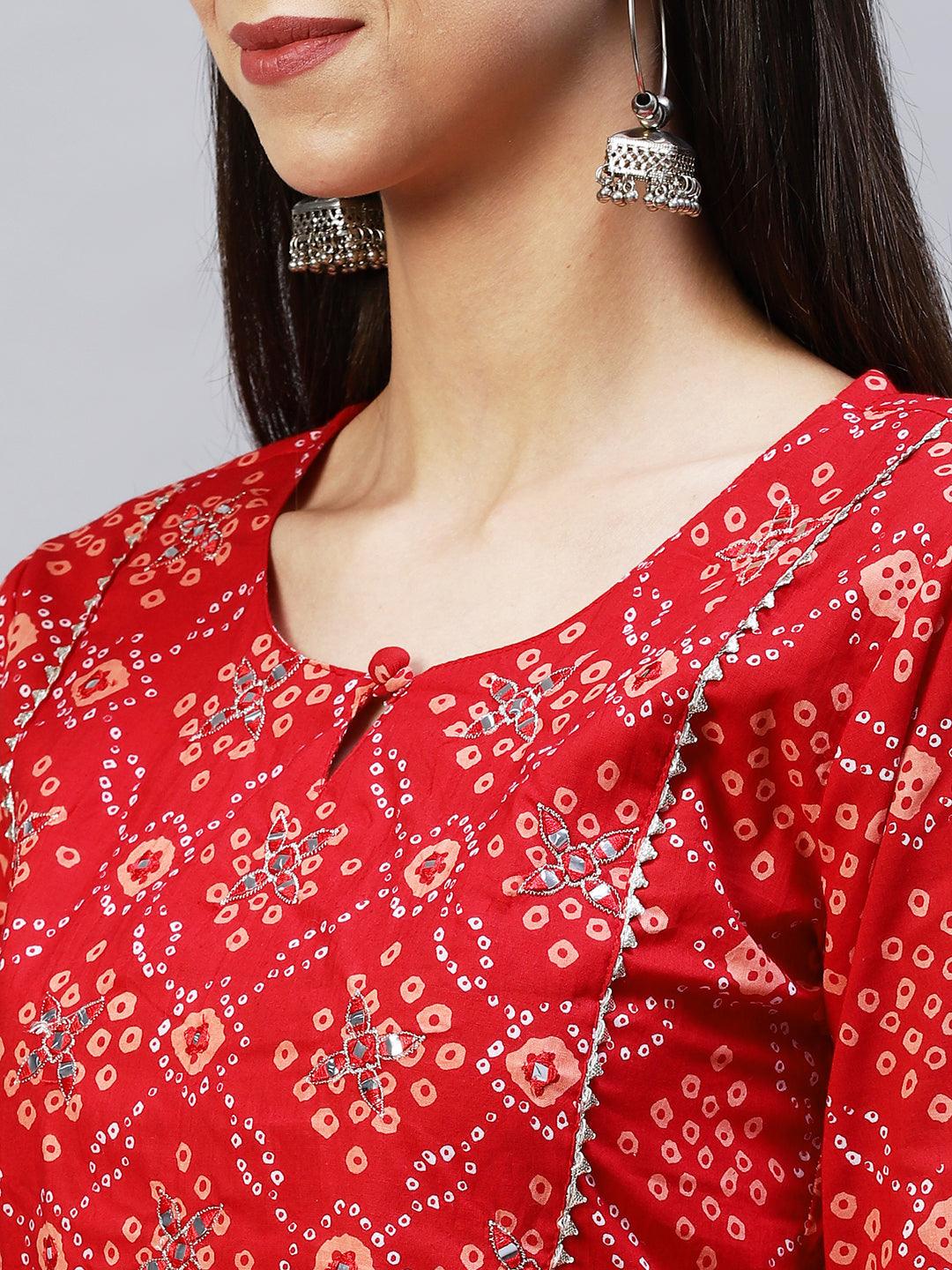 Bandhani Printed & Embroidered A-Line Kurta with Pants – Red - Indiakreations