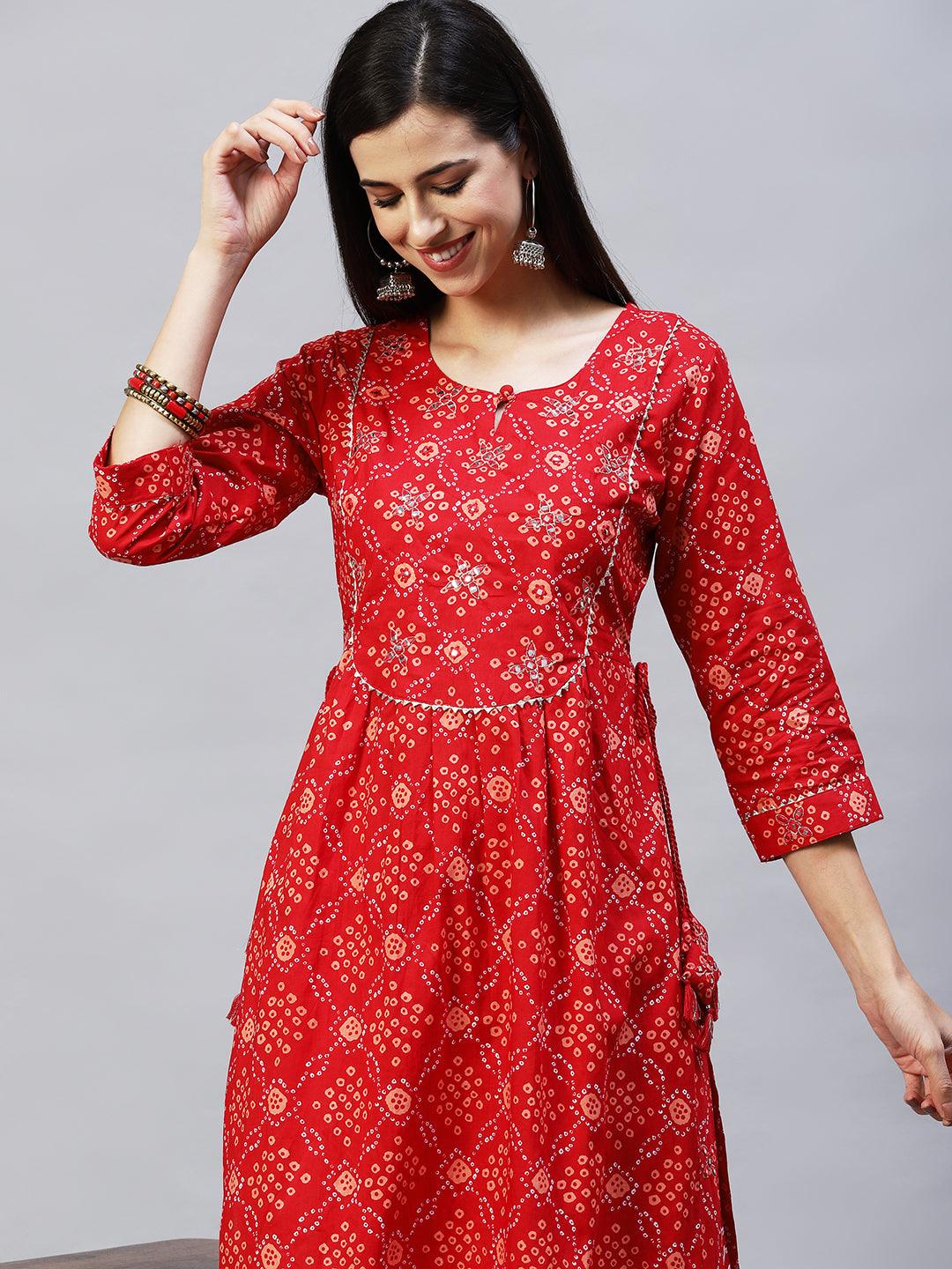 Bandhani Printed & Embroidered A-Line Kurta with Pants – Red - Indiakreations