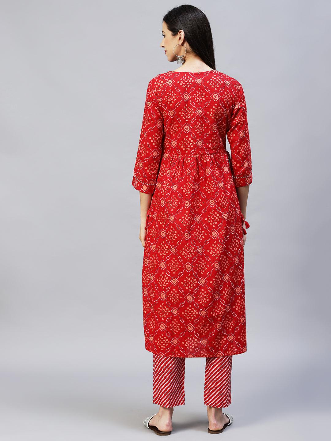 Bandhani Printed & Embroidered A-Line Kurta with Pants – Red - Indiakreations