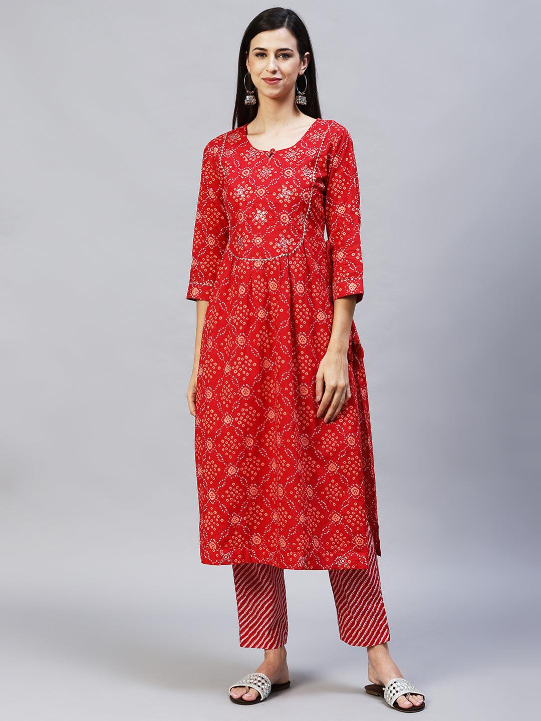 Bandhani Printed & Embroidered A-Line Kurta with Pants – Red - Indiakreations