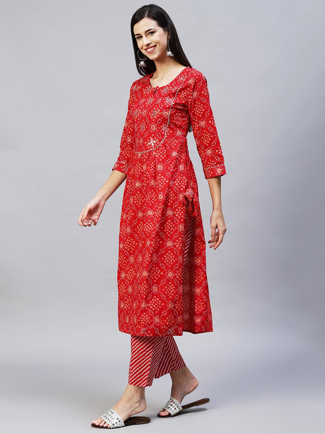 Bandhani Printed & Embroidered A-Line Kurta with Pants – Red - Indiakreations