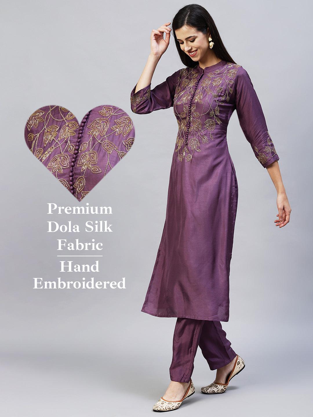 Floral Hand Embroidered Straight Fit Kurta with Pants - Purple - Indiakreations