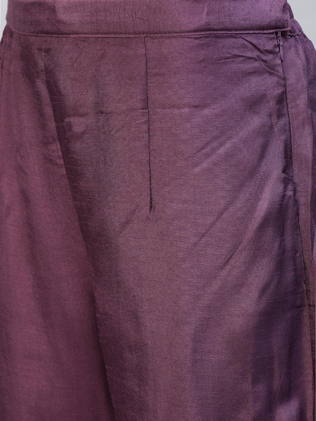 Floral Hand Embroidered Straight Fit Kurta with Pants - Purple - Indiakreations