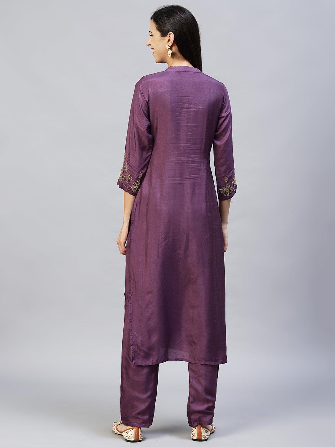 Floral Hand Embroidered Straight Fit Kurta with Pants - Purple - Indiakreations