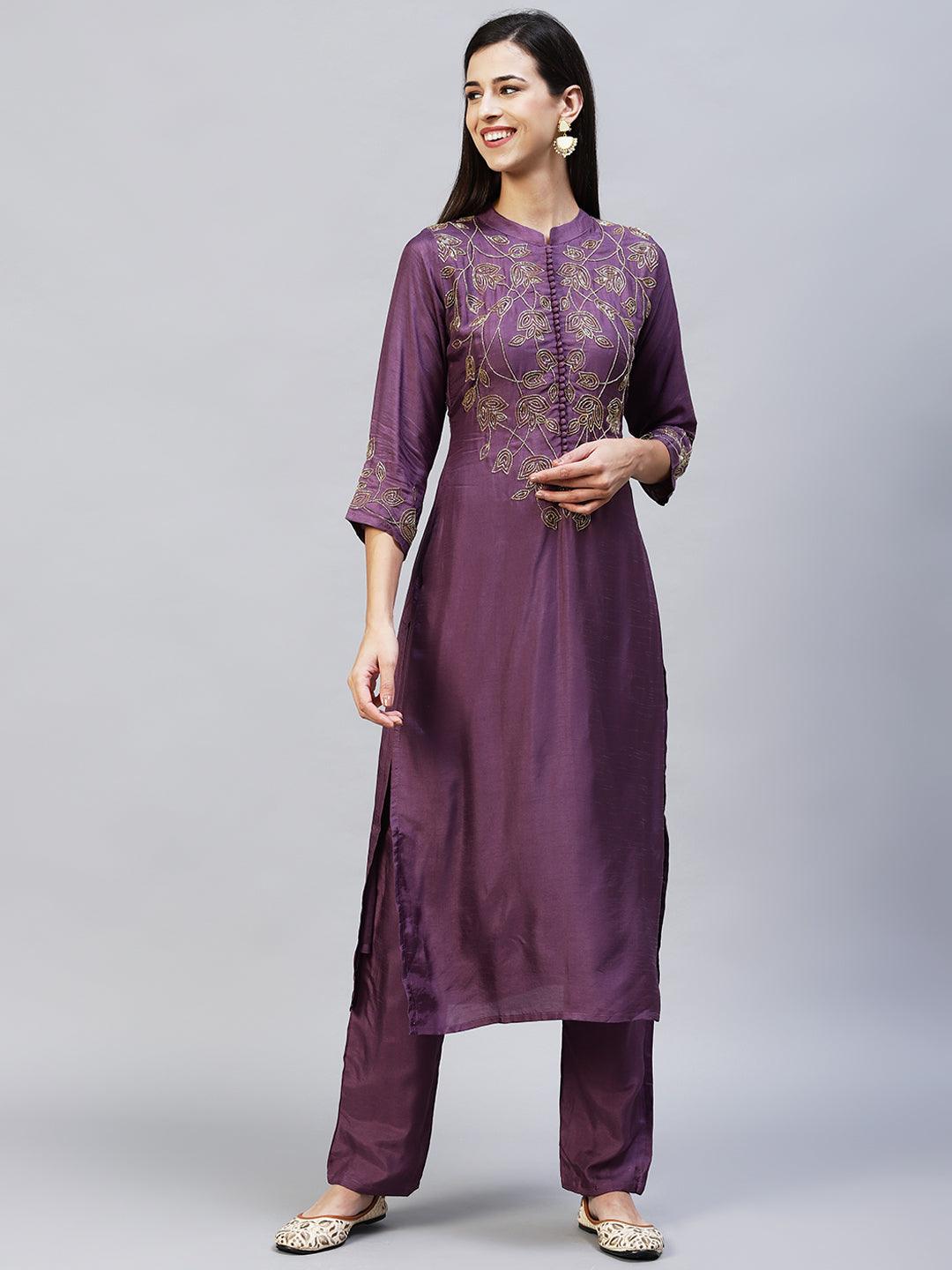 Floral Hand Embroidered Straight Fit Kurta with Pants - Purple - Indiakreations