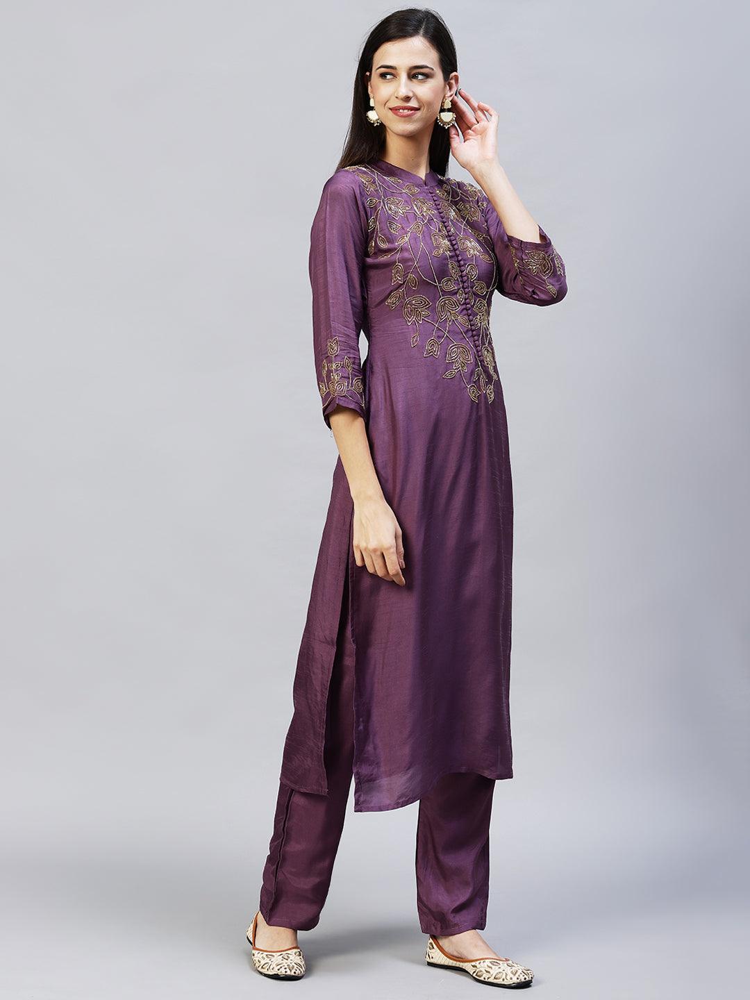 Floral Hand Embroidered Straight Fit Kurta with Pants - Purple - Indiakreations