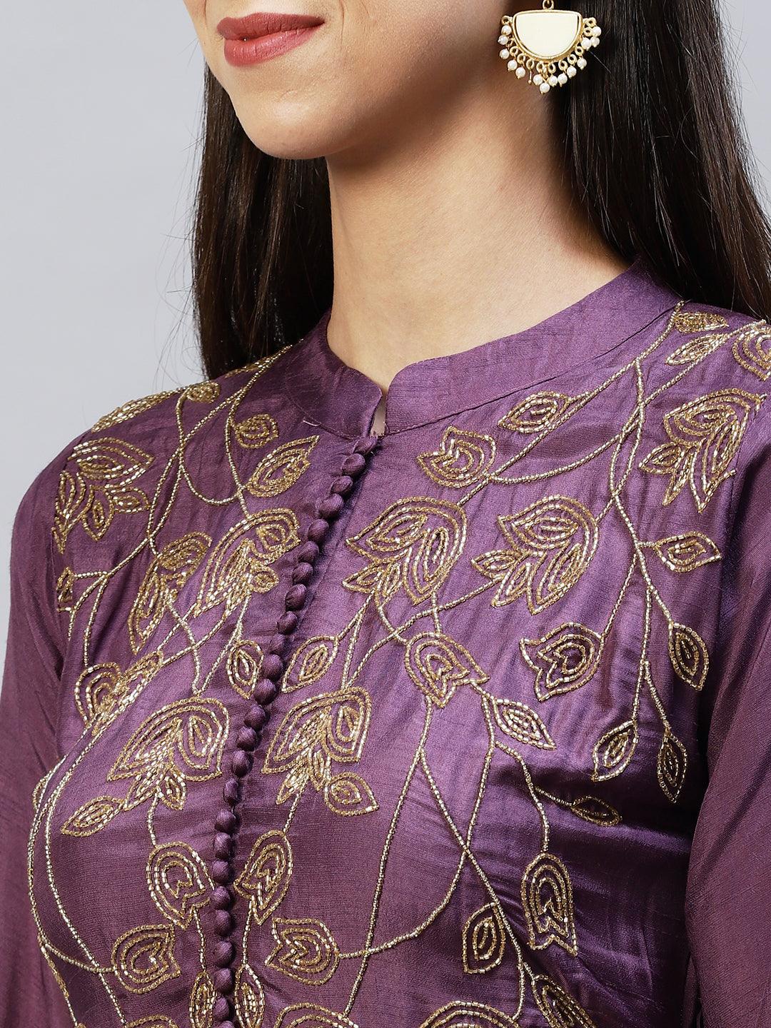 Floral Hand Embroidered Straight Fit Kurta with Pants - Purple - Indiakreations