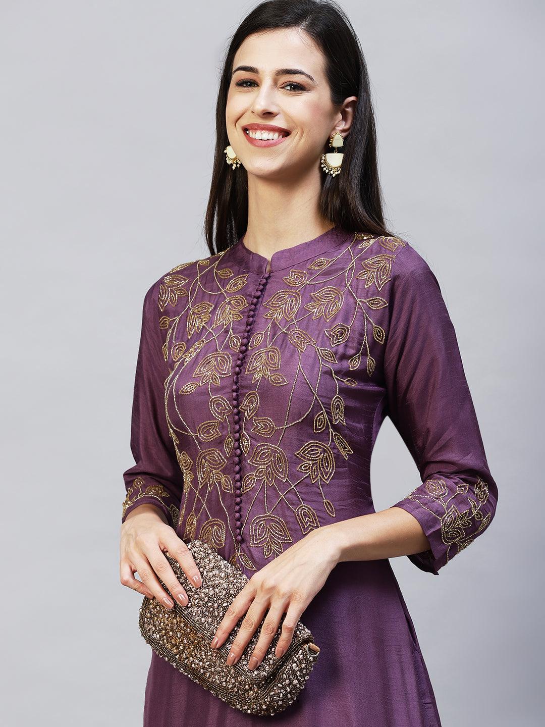 Floral Hand Embroidered Straight Fit Kurta with Pants - Purple - Indiakreations