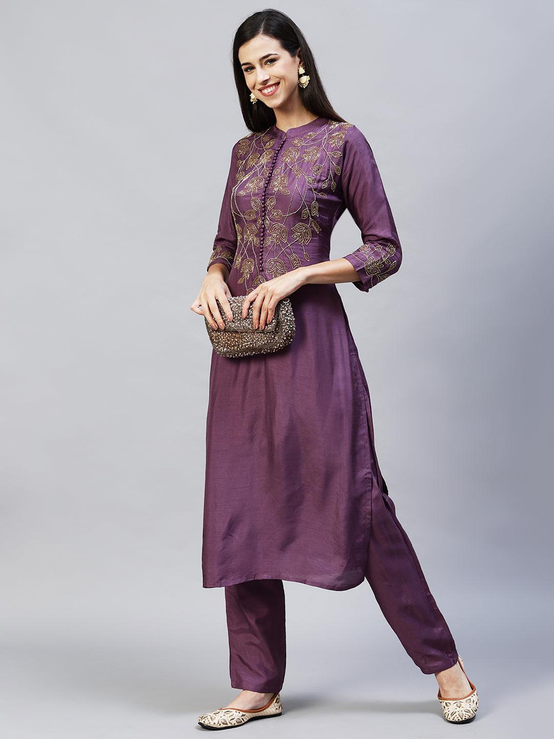 Floral Hand Embroidered Straight Fit Kurta with Pants - Purple - Indiakreations