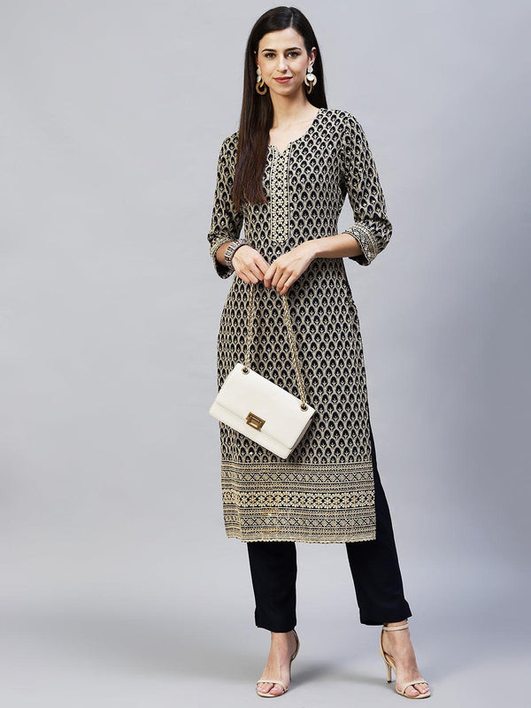 Chikankari Embroidered Straight Kurta with Pants - Navy Blue - Indiakreations