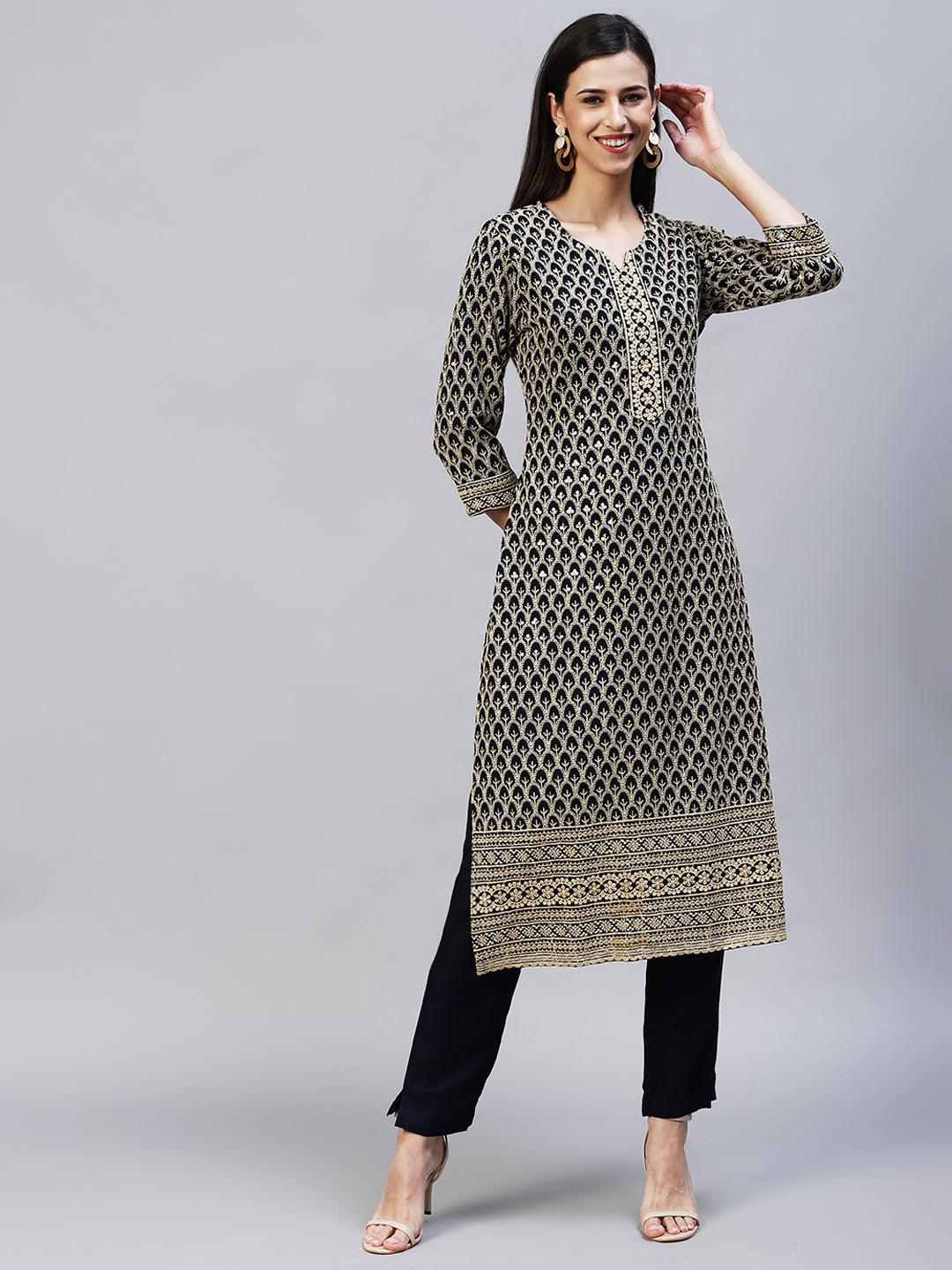 Chikankari Embroidered Straight Kurta with Pants - Navy Blue - Indiakreations