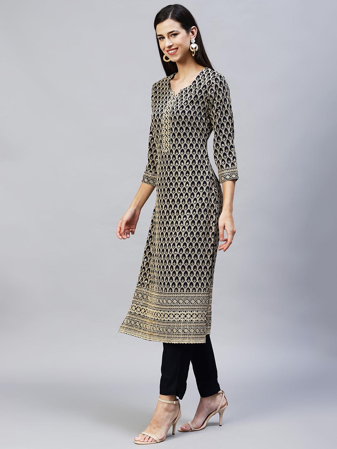 Chikankari Embroidered Straight Kurta with Pants - Navy Blue - Indiakreations