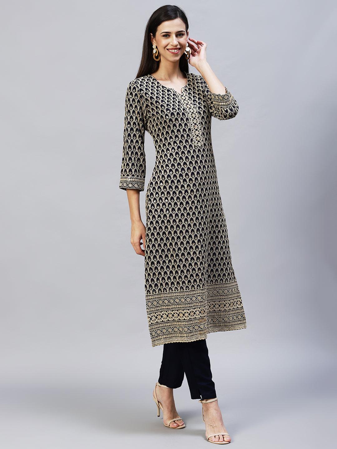 Chikankari Embroidered Straight Kurta with Pants - Navy Blue - Indiakreations