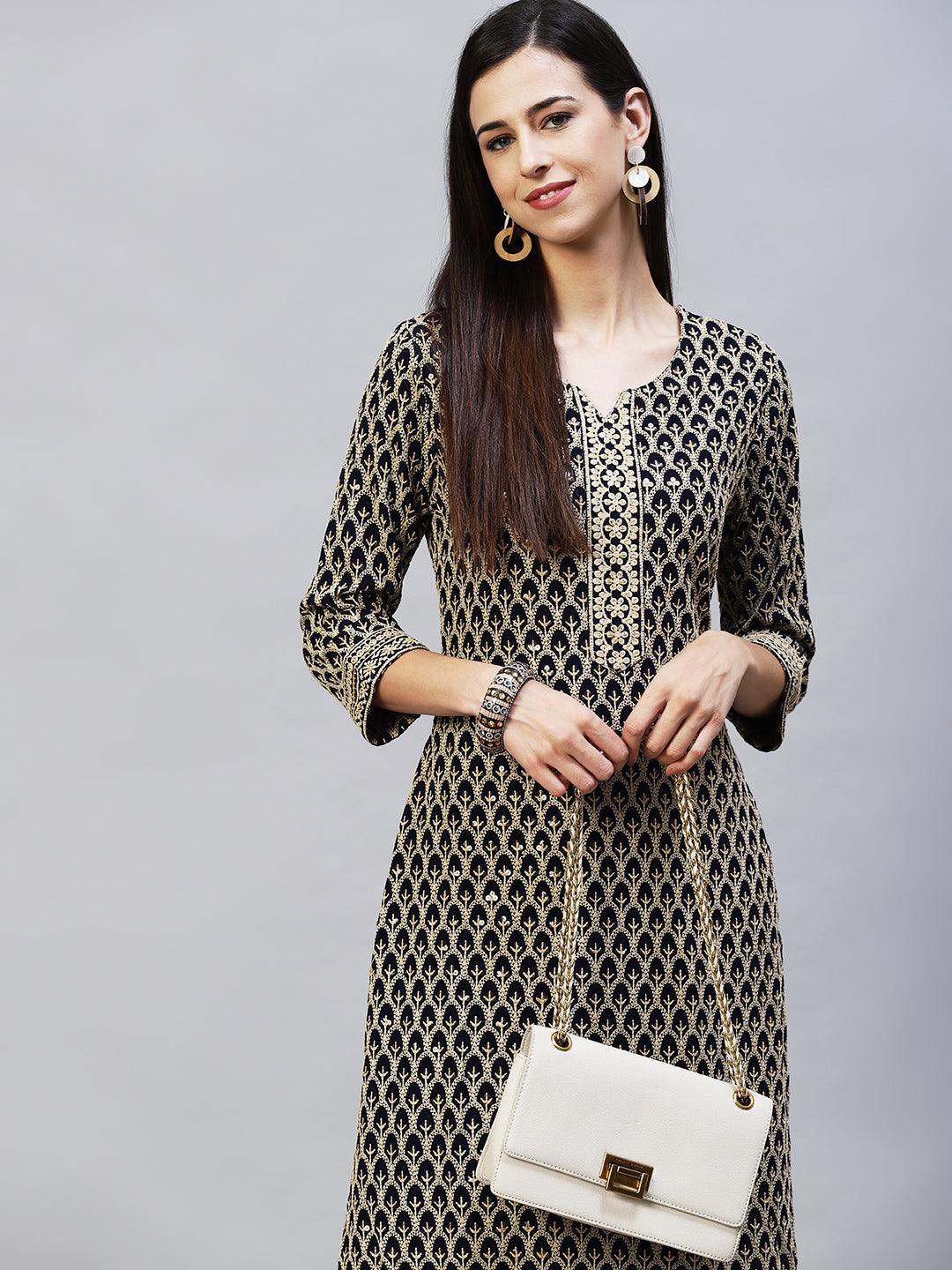 Chikankari Embroidered Straight Kurta with Pants - Navy Blue - Indiakreations