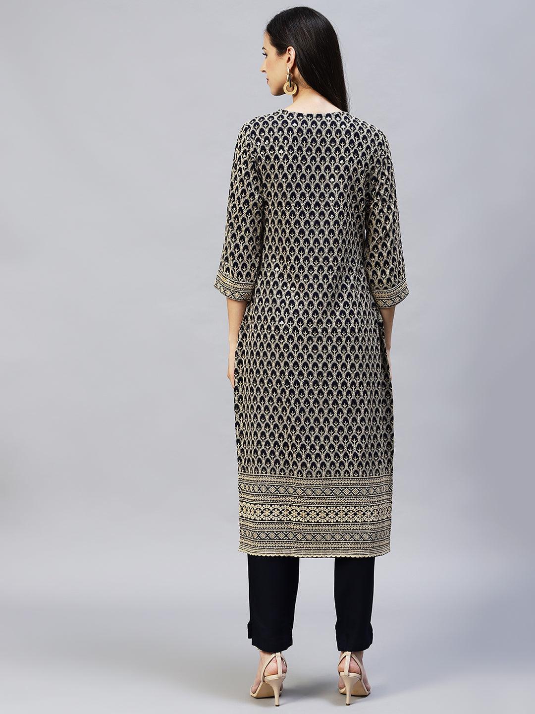 Chikankari Embroidered Straight Kurta with Pants - Navy Blue - Indiakreations