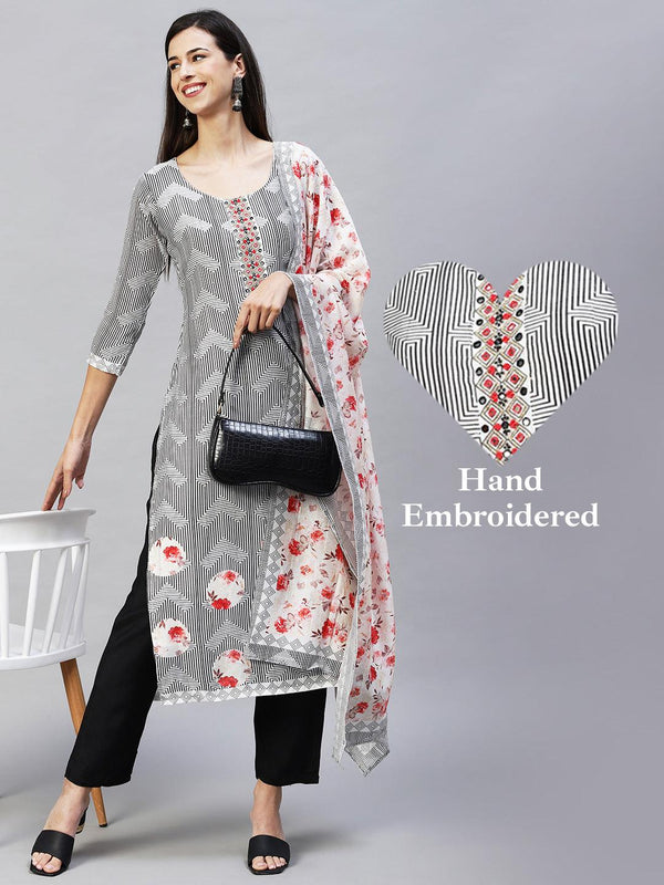 Geometric Printed & Hand Embroidered Kurta with Pants & Dupatta - White - Indiakreations