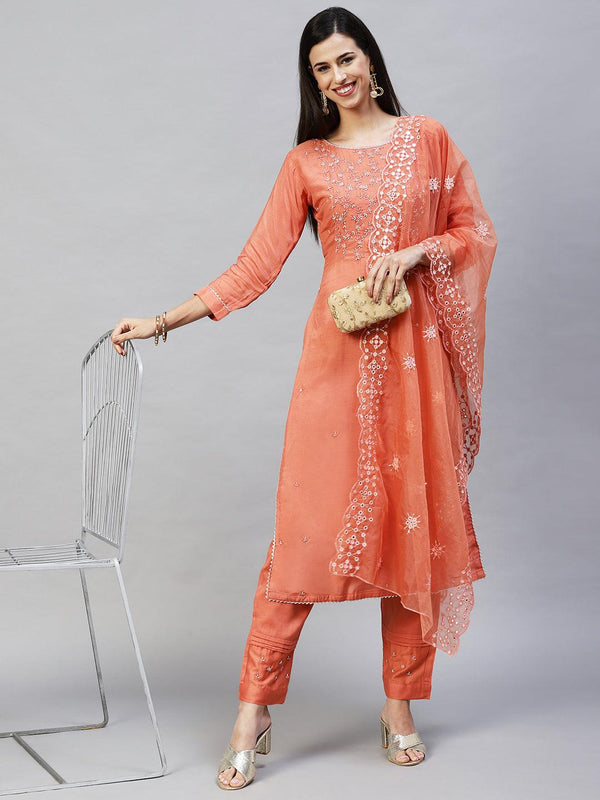 Floral Hand Embroidered Straight Kurta with Pants & Dupatta - Coral - Indiakreations