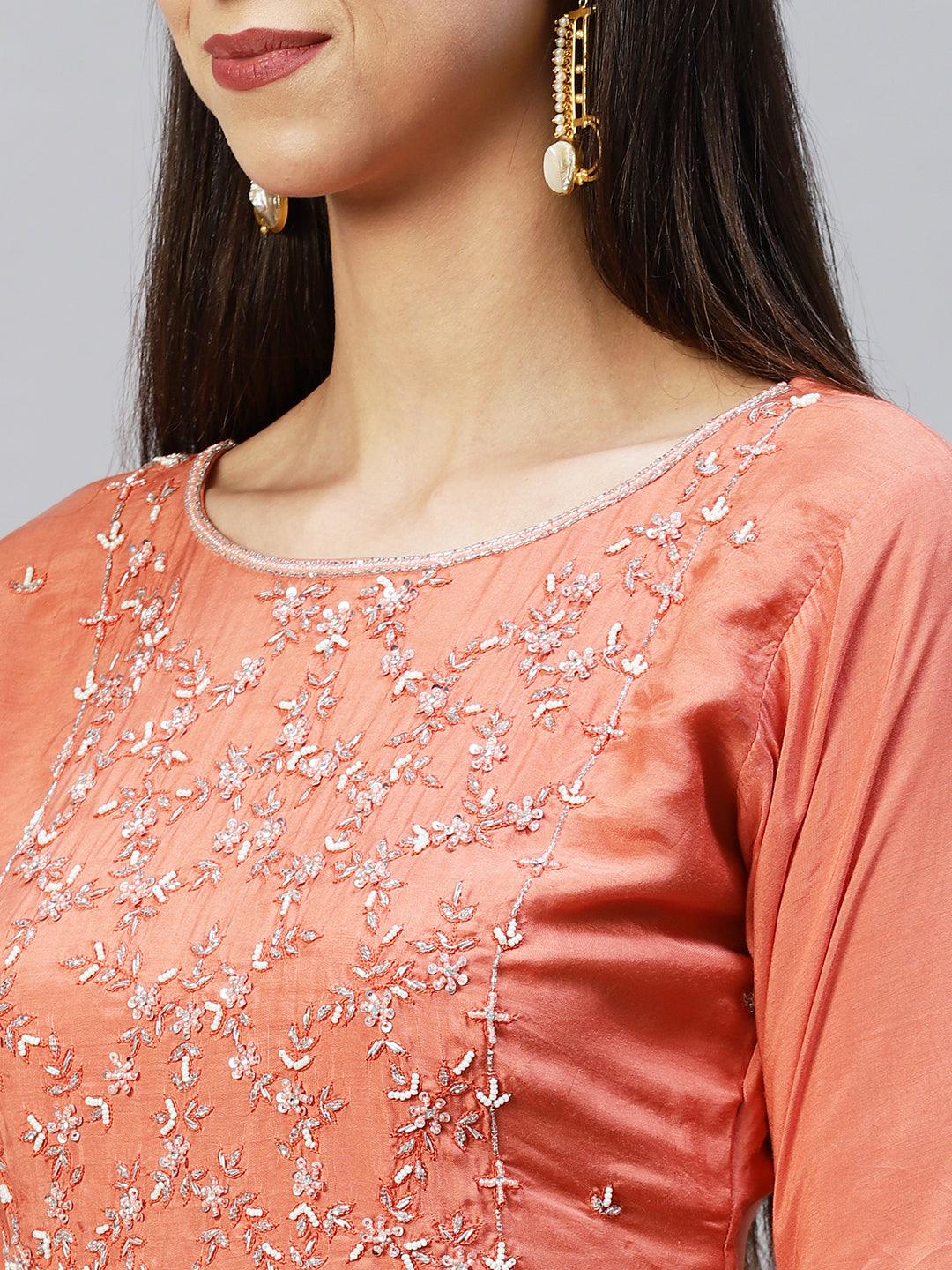 Floral Hand Embroidered Straight Kurta with Pants & Dupatta - Coral - Indiakreations