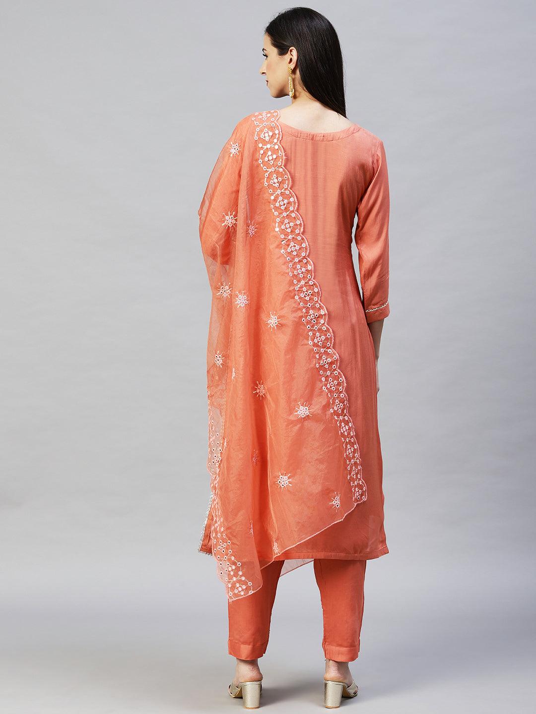 Floral Hand Embroidered Straight Kurta with Pants & Dupatta - Coral - Indiakreations