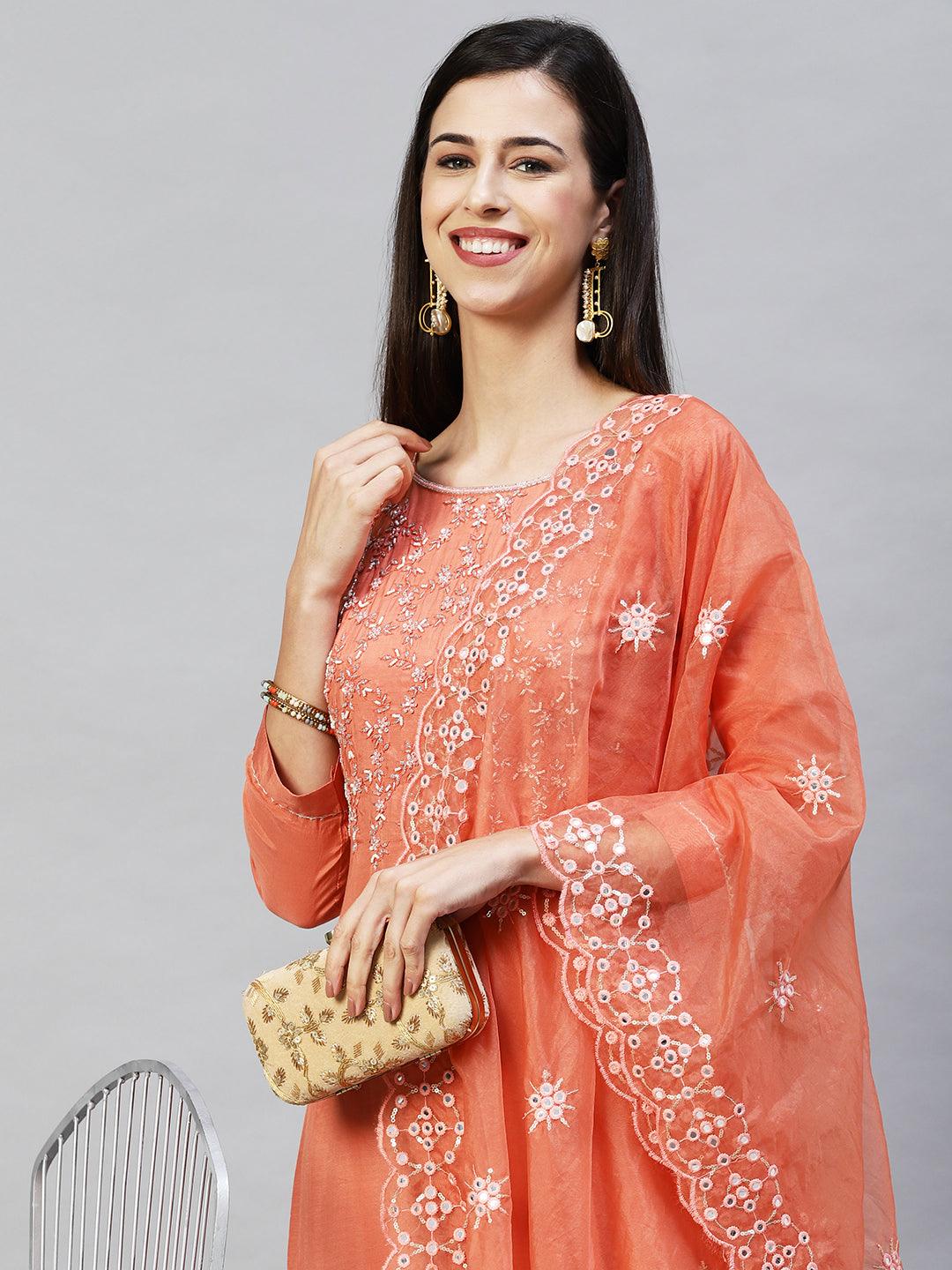 Floral Hand Embroidered Straight Kurta with Pants & Dupatta - Coral - Indiakreations