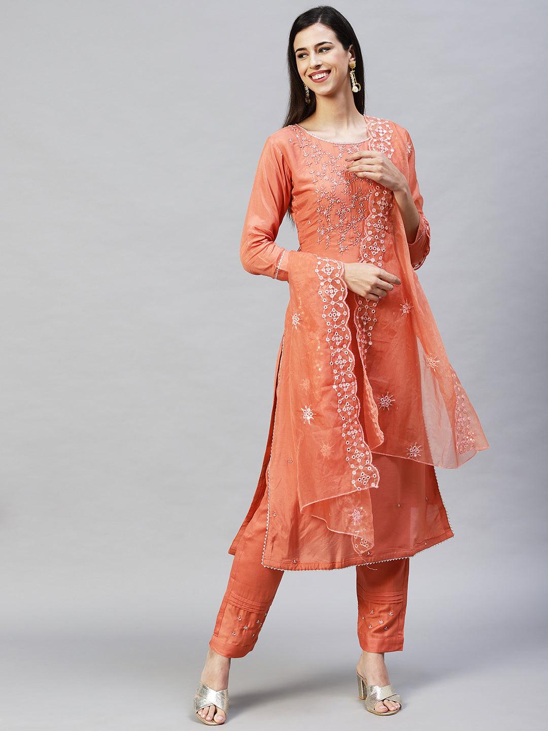 Floral Hand Embroidered Straight Kurta with Pants & Dupatta - Coral - Indiakreations