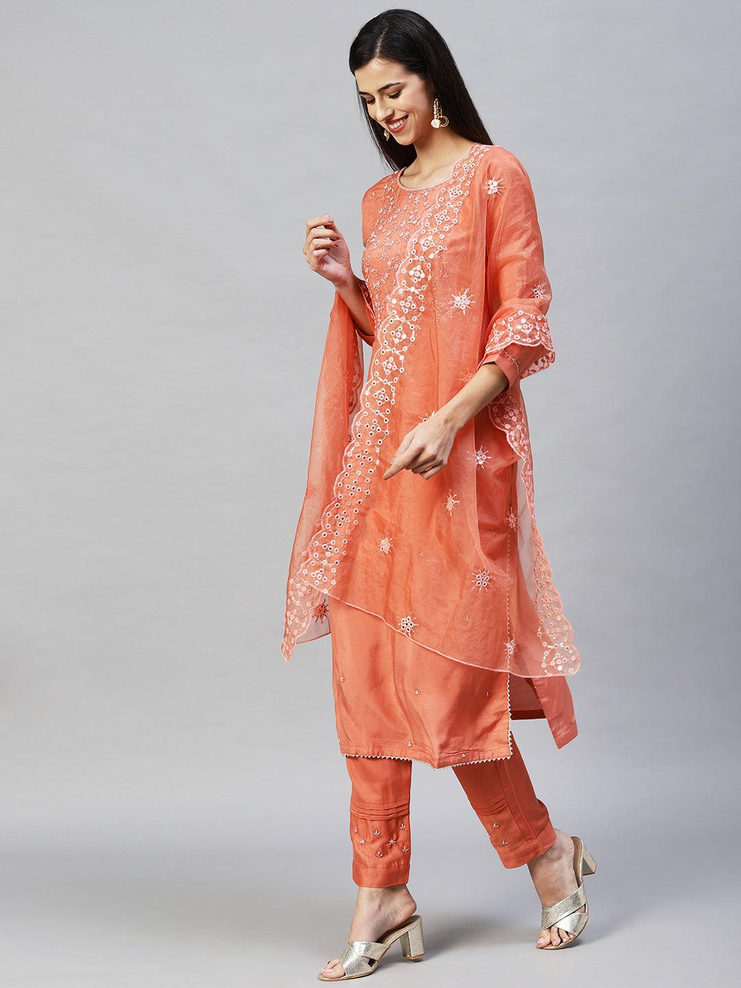 Floral Hand Embroidered Straight Kurta with Pants & Dupatta - Coral - Indiakreations