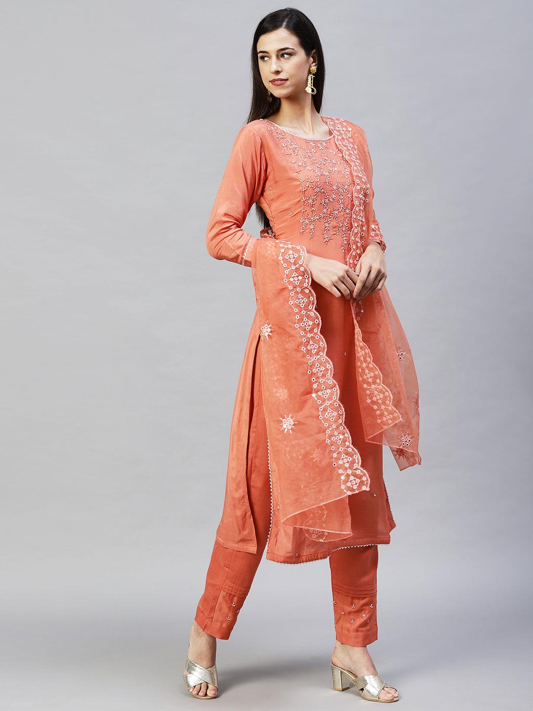 Floral Hand Embroidered Straight Kurta with Pants & Dupatta - Coral - Indiakreations