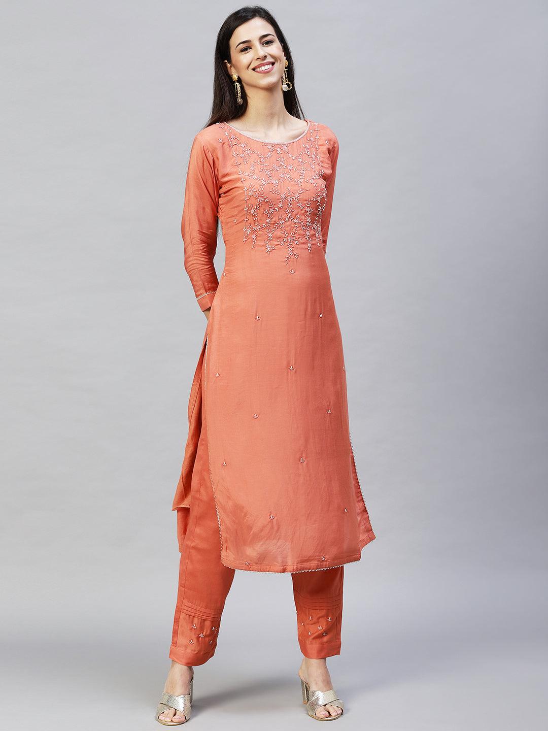 Floral Hand Embroidered Straight Kurta with Pants & Dupatta - Coral - Indiakreations