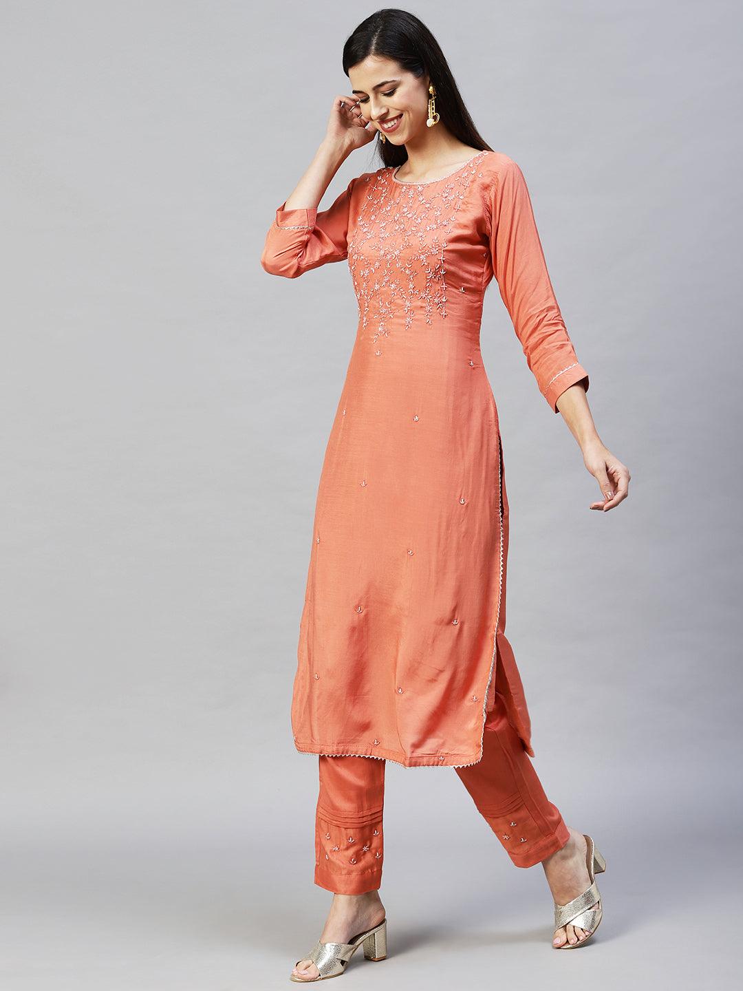 Floral Hand Embroidered Straight Kurta with Pants & Dupatta - Coral - Indiakreations