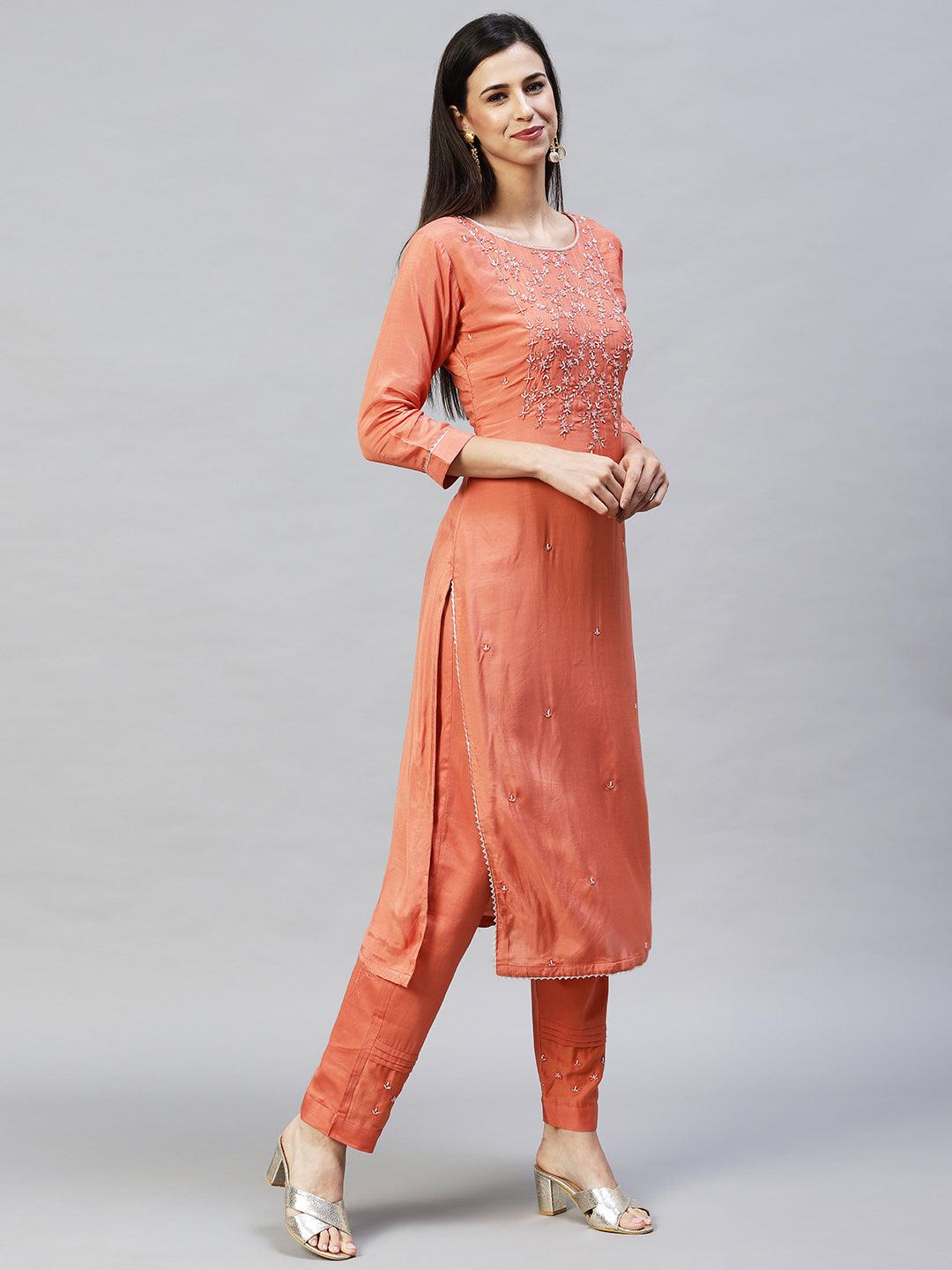 Floral Hand Embroidered Straight Kurta with Pants & Dupatta - Coral - Indiakreations