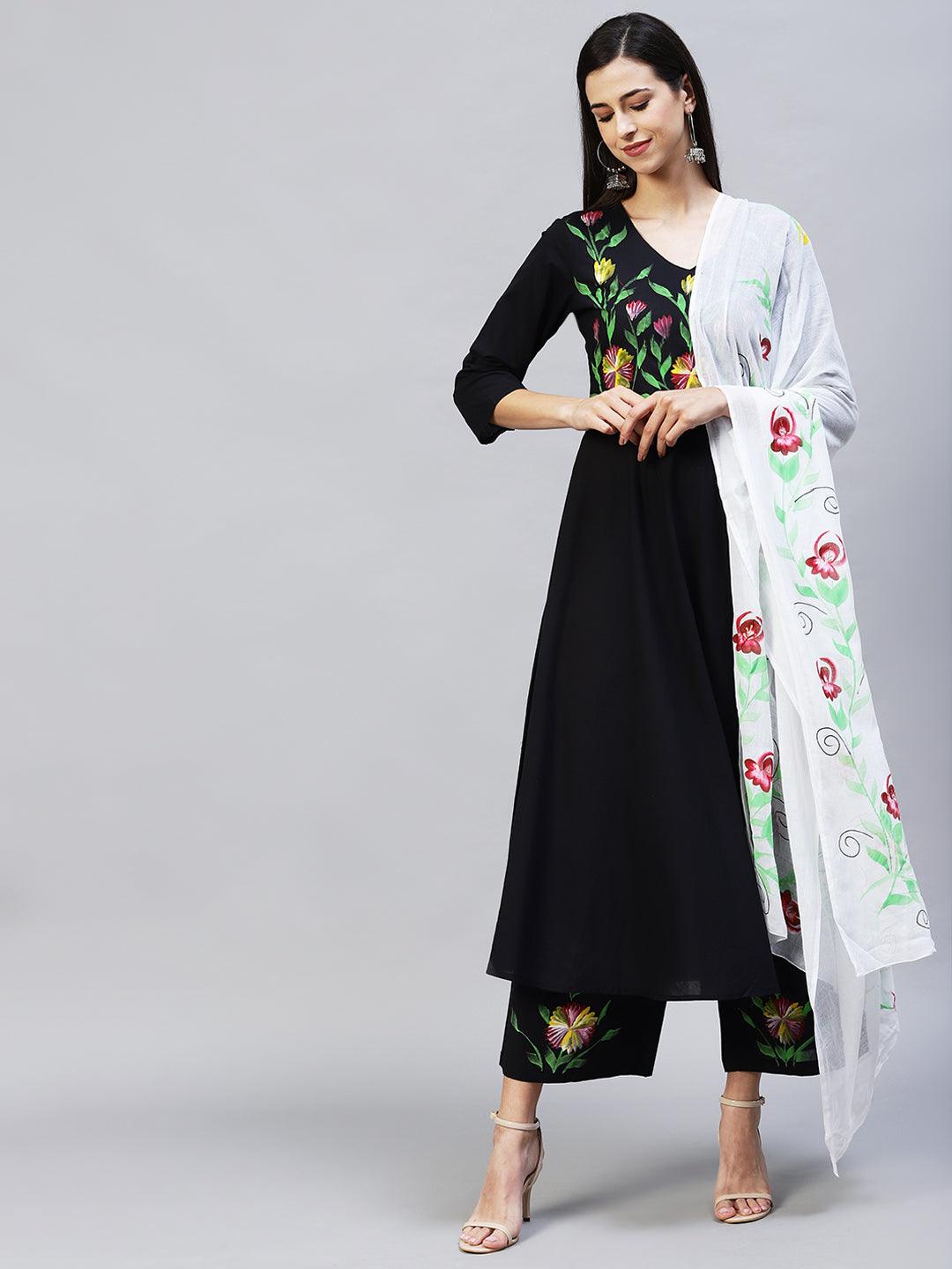 Solid Floral Hand Painted Flared Kurta with Palazzo & Dupatta - Black - Indiakreations