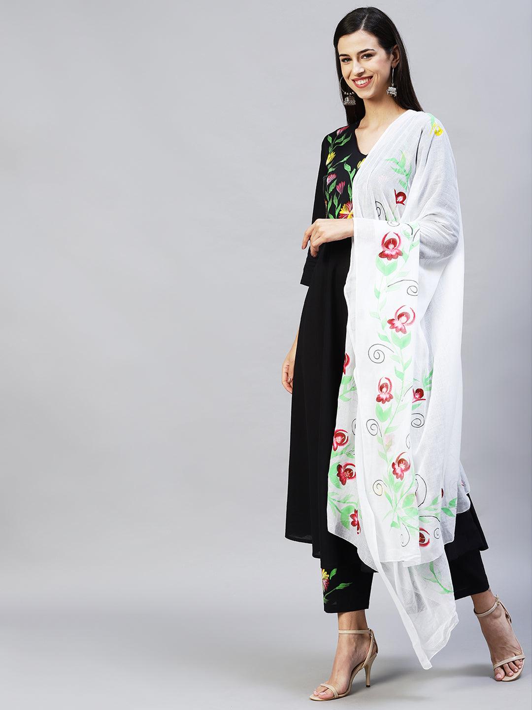 Solid Floral Hand Painted Flared Kurta with Palazzo & Dupatta - Black - Indiakreations