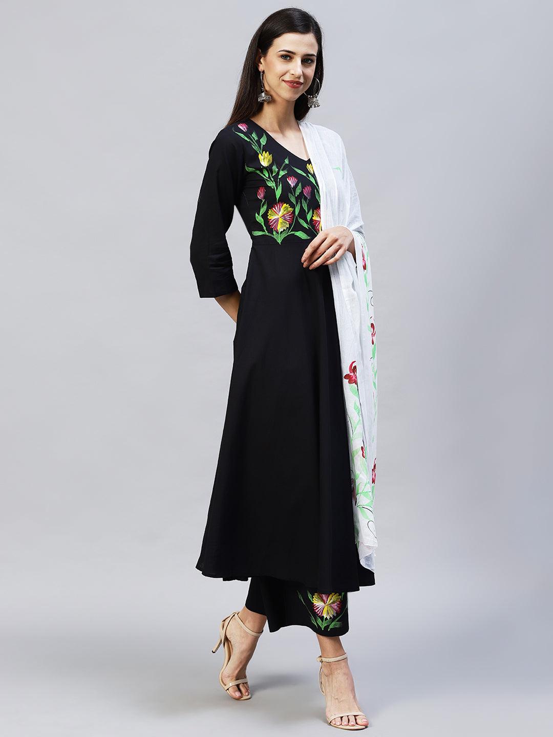 Solid Floral Hand Painted Flared Kurta with Palazzo & Dupatta - Black - Indiakreations