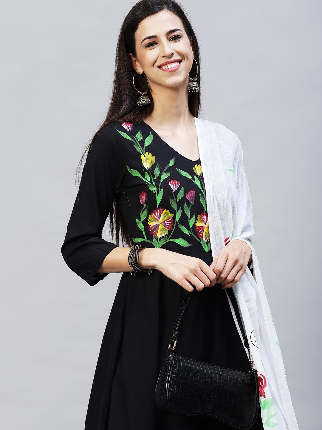 Solid Floral Hand Painted Flared Kurta with Palazzo & Dupatta - Black - Indiakreations