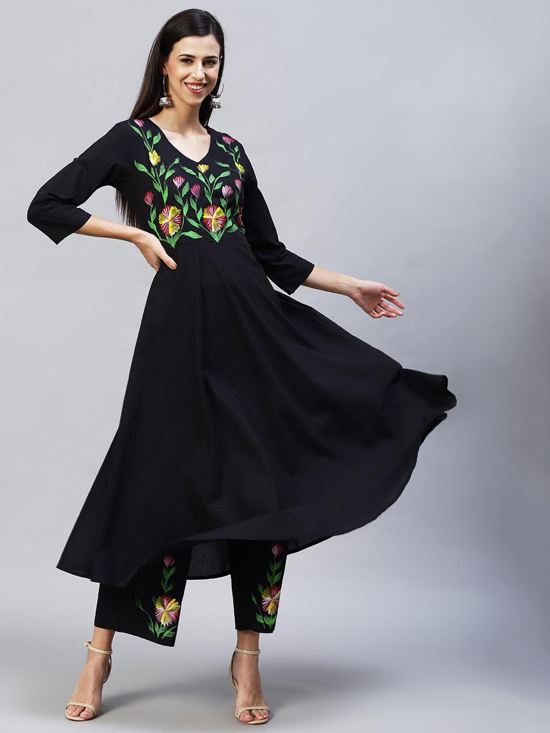 Solid Floral Hand Painted Flared Kurta with Palazzo & Dupatta - Black - Indiakreations