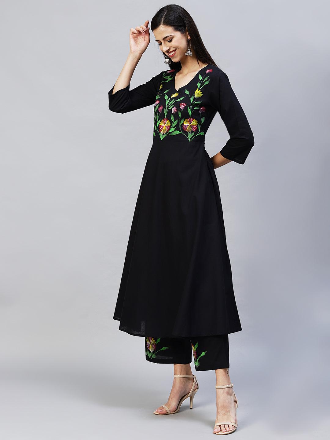 Solid Floral Hand Painted Flared Kurta with Palazzo & Dupatta - Black - Indiakreations