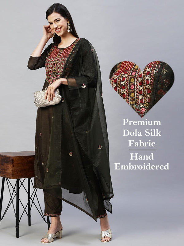 Floral Hand Embroidered Straight Kurta with Pants & Dupatta - Dark Green - Indiakreations