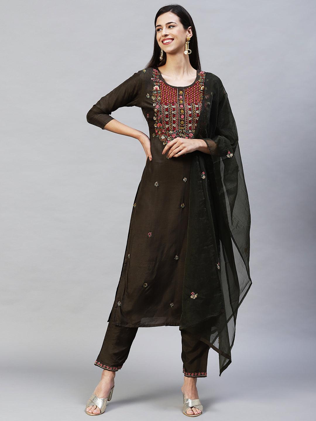 Floral Hand Embroidered Straight Kurta with Pants & Dupatta - Dark Green - Indiakreations