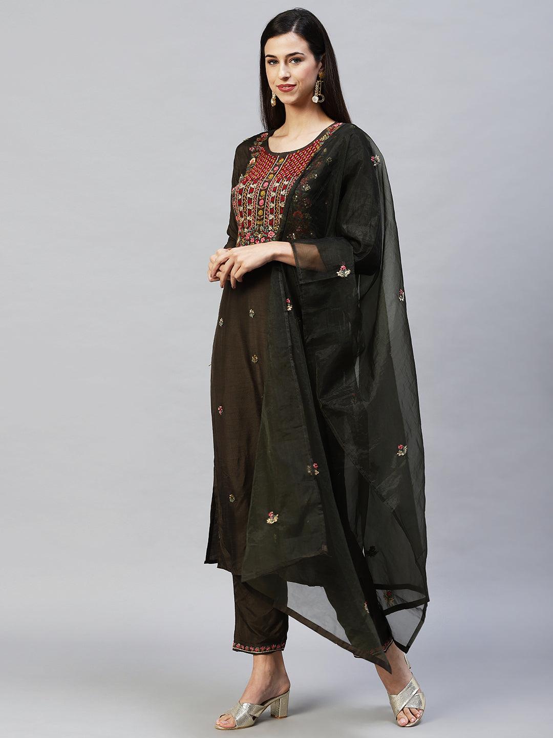 Floral Hand Embroidered Straight Kurta with Pants & Dupatta - Dark Green - Indiakreations