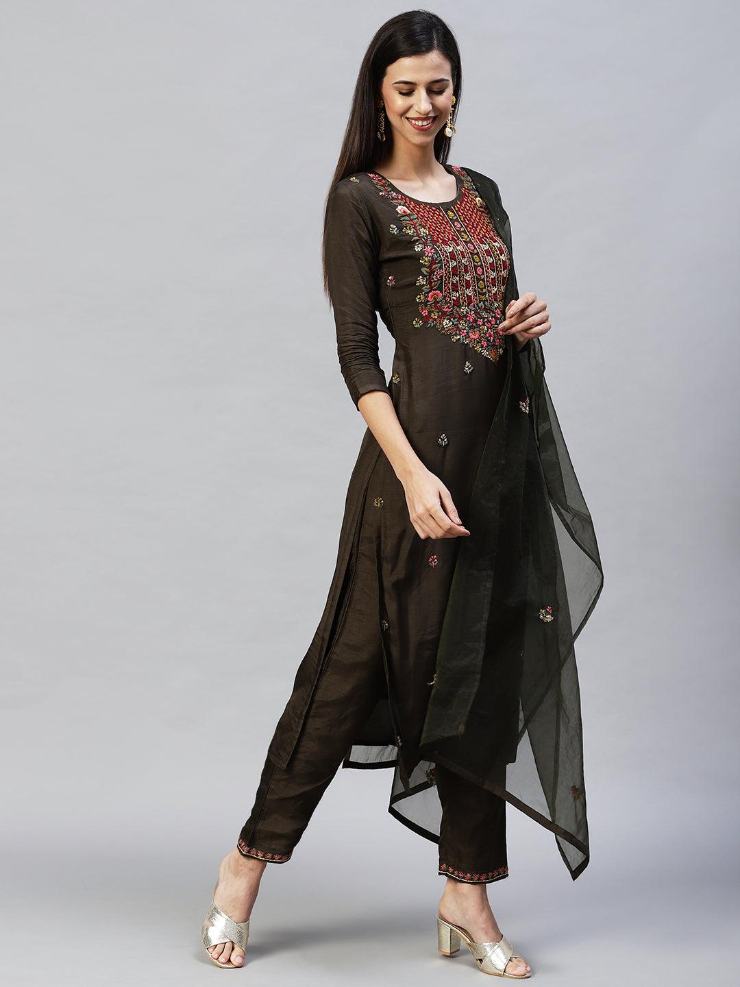 Floral Hand Embroidered Straight Kurta with Pants & Dupatta - Dark Green - Indiakreations