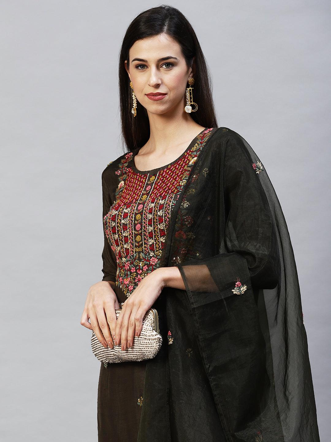 Floral Hand Embroidered Straight Kurta with Pants & Dupatta - Dark Green - Indiakreations