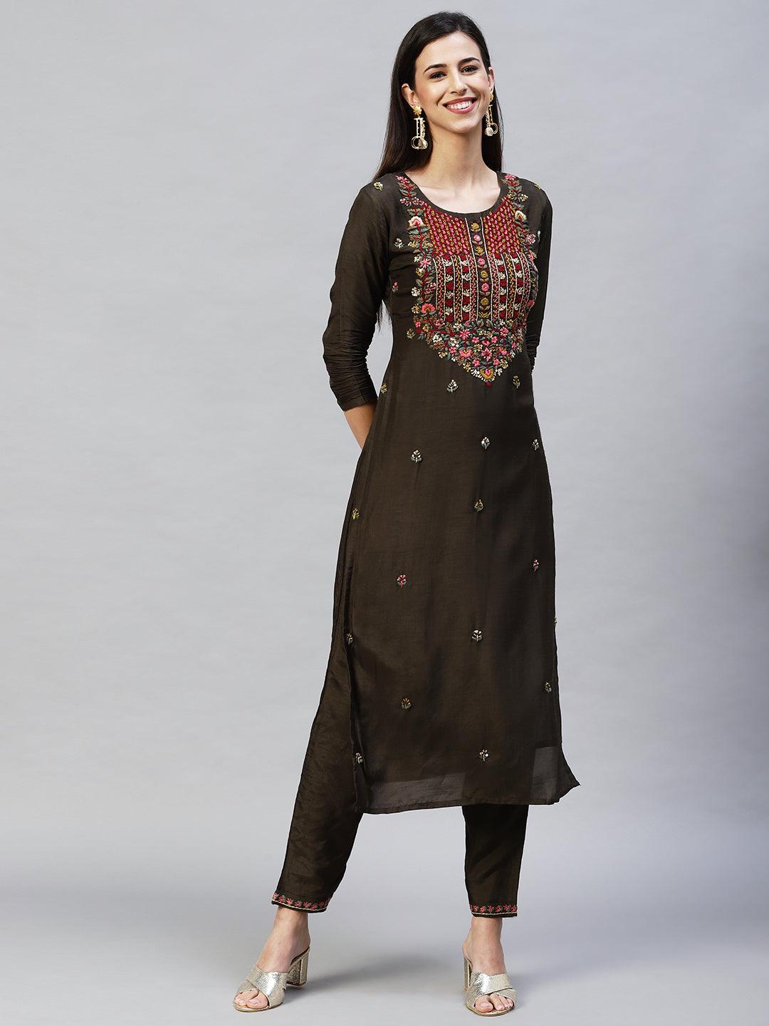 Floral Hand Embroidered Straight Kurta with Pants & Dupatta - Dark Green - Indiakreations