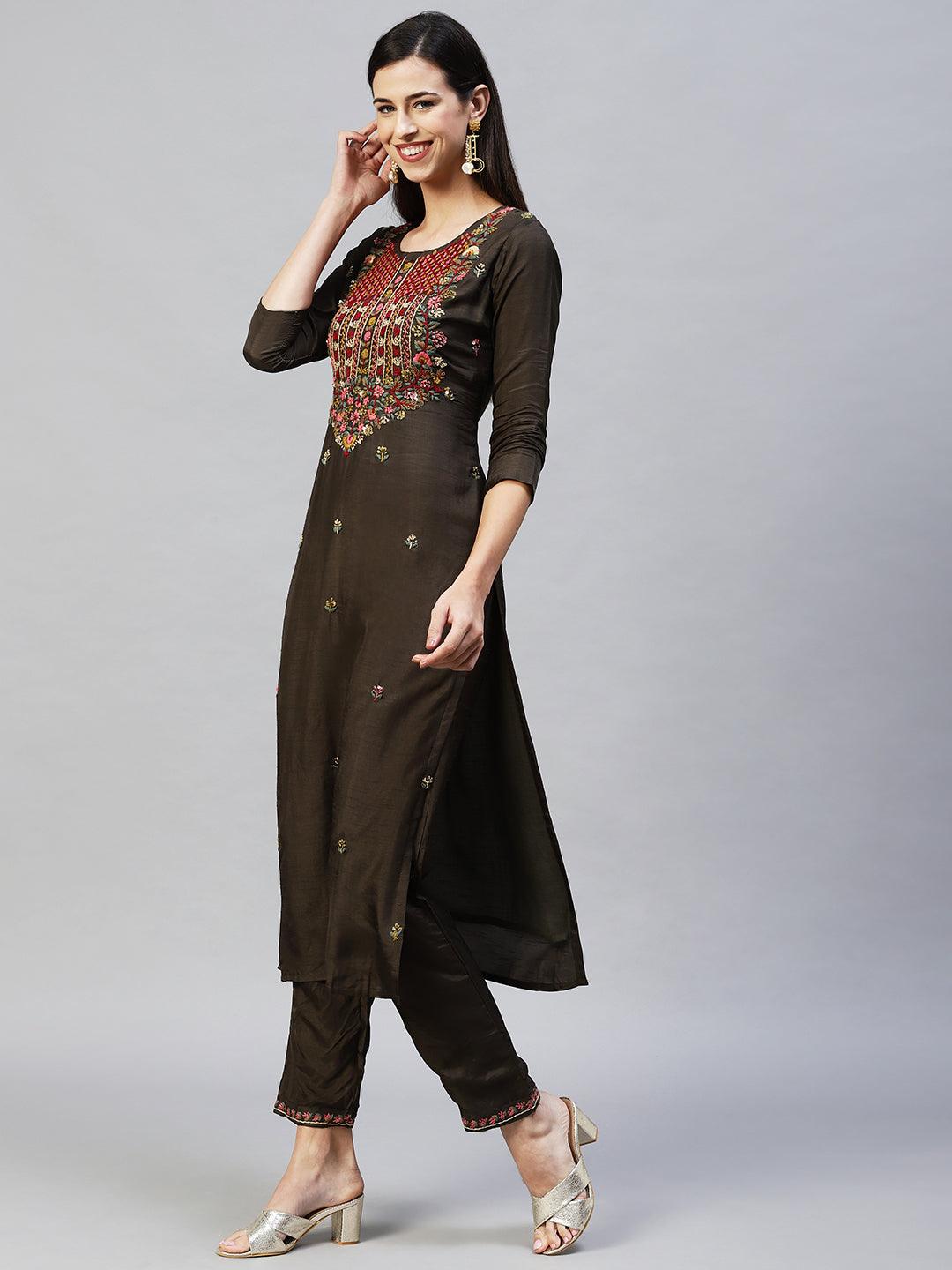 Floral Hand Embroidered Straight Kurta with Pants & Dupatta - Dark Green - Indiakreations