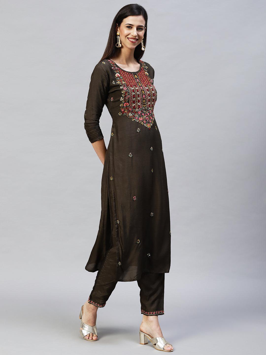 Floral Hand Embroidered Straight Kurta with Pants & Dupatta - Dark Green - Indiakreations